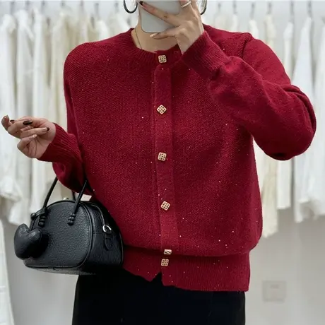 圆领小香风本命年红色毛衣女2025春装新款短款针织开衫外套小个子商品大图