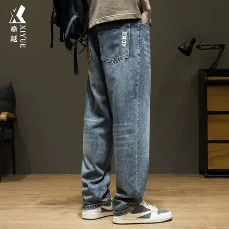 希越高街复古风直筒牛仔裤男2024春季新款宽松大码胖子休闲长裤子商品大图
