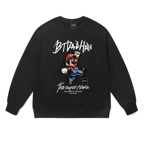卡通超级玛丽奥卫衣男涂鸦街头嘻哈春秋oversize长袖套头纯棉上衣商品大图