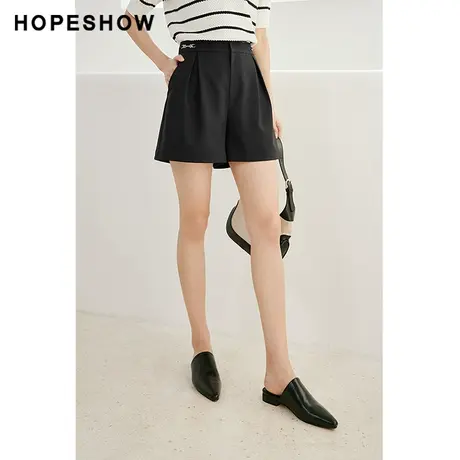 红袖outlets黑色压褶短裤hopeshow2023夏季新款女装中腰A字阔腿裤商品大图