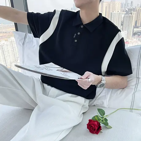 夏季ins撞色POLO衫男潮牌短袖t恤简约轻熟风百搭休闲半袖翻领上衣商品大图