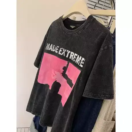 黑色韩版宽松大版学生水洗黑短袖T恤女百搭中长款休闲港风圆领衣商品大图