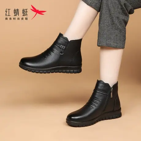 红蜻蜓冬季平底靴子女2023新款中筒棉靴真皮加绒保暖妈妈软皮短靴商品大图
