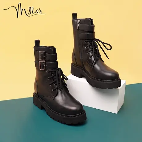 millie's/妙丽秋冬季新款牛皮扣带摇滚马丁靴女短靴加绒0755DDZ1商品大图