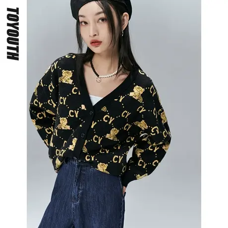 初语针织衫女2022年春季新款老虎老花满印潮酷黑V领开衫商品大图