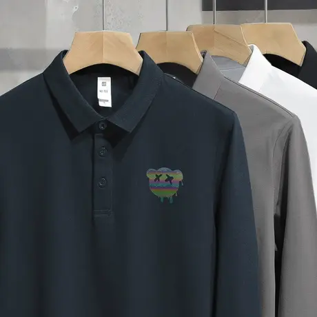 珠地棉长袖polo衫翻领t恤男装潮流印花打底衫秋衣服小熊有领体恤商品大图
