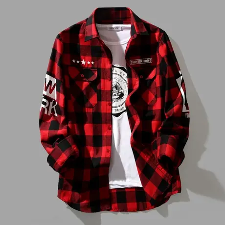 红色格子衬衫男长袖秋装上衣寸衫中学生帅气韩版潮流秋季衬衣外套商品大图