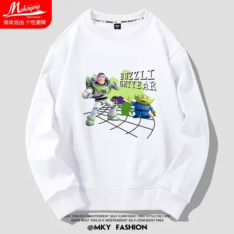 巴斯光年美式潮牌圆领卫衣男白色宽松大码春秋款青少年百搭长袖衫商品大图