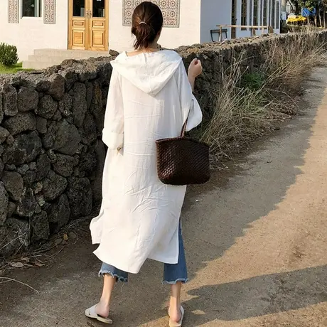 夏装新款连帽套头衬衫女中长款宽松大码七分袖衬衣薄款防晒空调衫商品大图