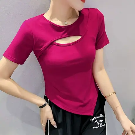 网红T恤女短袖ins潮性感镂空不规则下摆个性上衣紧身高腰半袖小衫商品大图