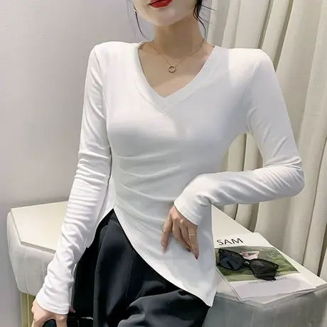 性感V领打底衫女春秋2023新款纯色百搭收腰上衣不规则开叉T恤长袖商品大图