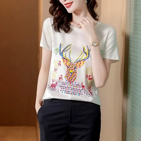 夏季2023新款欧货缎面真丝t恤女短袖衫洋气时尚设计感小众女上衣商品大图