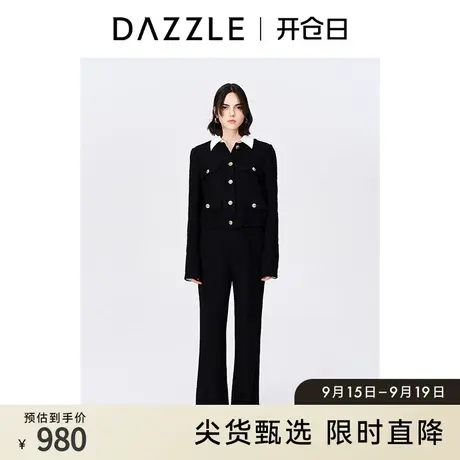 DAZZLE地素奥莱秋黑色优雅通勤高腰宽松阔腿花呢裤女商品大图