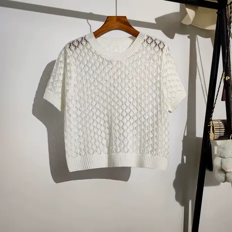 短袖镂空针织衫女夏季2023新款韩版宽松圆领吊带裙子外搭罩衫t恤商品大图