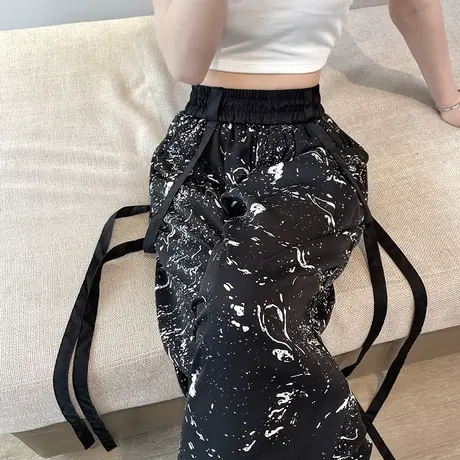 黑色冰丝阔腿裤女夏季薄款高腰垂感窄版宽松显瘦印花休闲拖地长裤商品大图