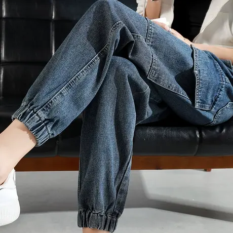 深蓝色牛仔裤女2023年新款秋冬宽松束脚高腰显瘦哈伦萝卜裤工装裤商品大图