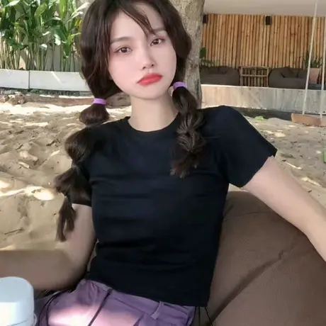 短款洋气卡腰小衫法式修身显瘦圆领上衣女夏新款黑色短袖辣妹T恤图片