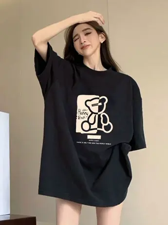 黑色仿棉短袖t恤女2023新款夏季欧货小众设计感宽松显瘦体恤上衣商品大图