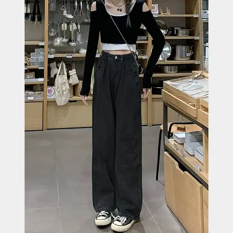 高腰黑色小个子宽松工装直筒牛仔裤女秋天薄款阔腿裤子ins高街潮商品大图