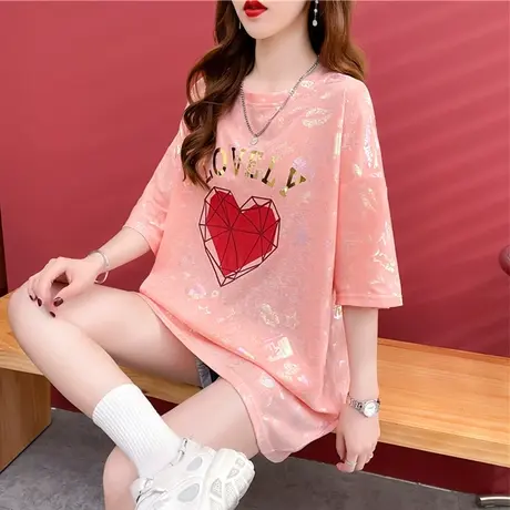 短袖t恤女夏季韩版宽松大码女装中长款下衣失踪百搭亮闪闪上衣服图片