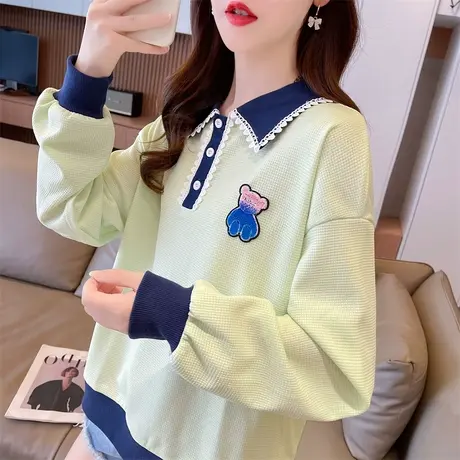 翻领polo衫华夫格卫衣女春秋季韩版宽松大码薄款蕾丝花边上衣外套图片