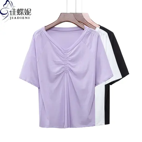 夏季新款韩版V领宽松纯棉褶皱小心机短袖体恤上衣内搭女打底衫商品大图