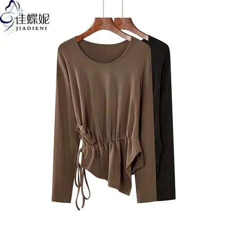 秋季新款韩版圆领宽松纯棉抽绳中长款不规则长袖体恤上衣休闲女装图片