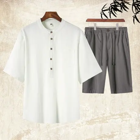 冰丝亚麻短袖T恤套装男装夏季宽松新中式中国风立领半袖搭配一套图片