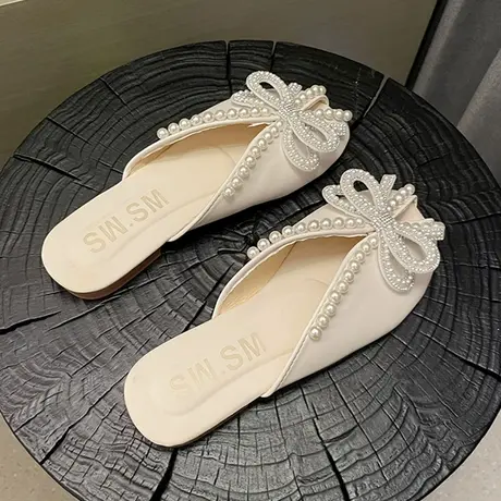 包头半拖鞋女外穿2023春夏季鱼嘴珍珠平底孕妇懒人无后跟穆勒凉拖图片