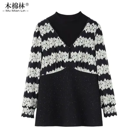 大码微胖mm春秋重工拼接洋气时尚显瘦针织衫中长款假两件保暖上衣商品大图