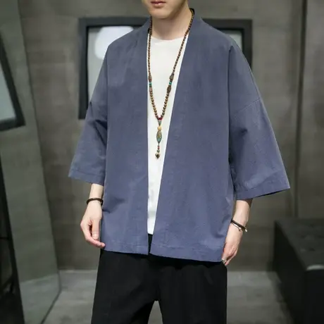 中式道袍男青年开衫中国风居家披风薄款七分袖套唐风汉服古装茶服图片