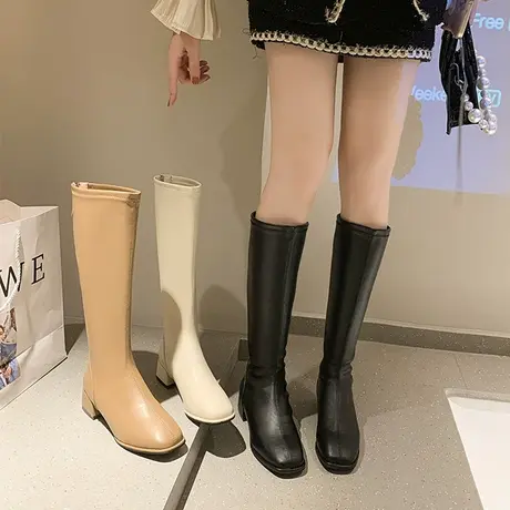 白色靴子女长筒靴高筒骑士靴秋冬加绒瘦瘦靴粗跟小个子不过膝长靴图片