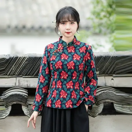 筠雅春季新款唐装女中国风旗袍上衣复古盘扣收腰显瘦茶服 24J047商品大图