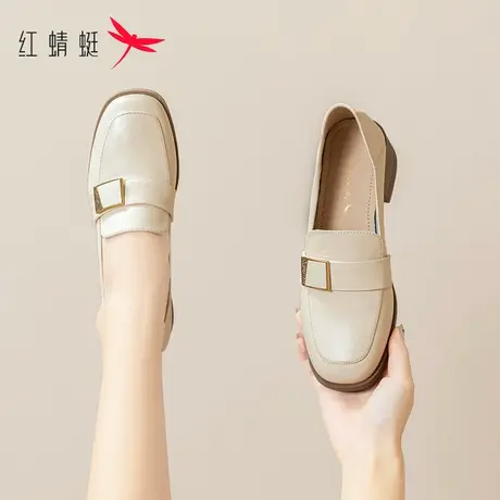 红蜻蜓粗跟乐福鞋女2023夏季新款英伦风小皮鞋法式软皮一脚蹬单鞋商品大图