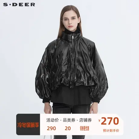 sdeer圣迪奥新品女装休闲立领罗纹黑色面包服羽绒服S20482447👰图片