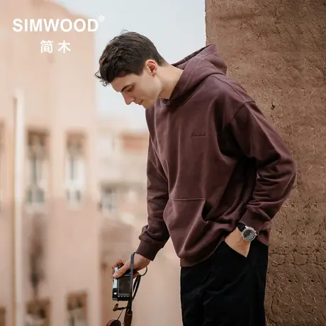 Simwood简木男装【宽松版型】秋装450g碳磨紧密棉绣花连帽卫衣男图片