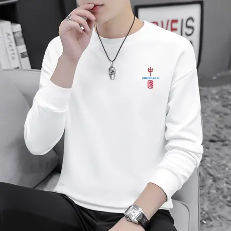 白色男生卫衣圆领无帽春秋款中国潮流秋冬款加绒加厚保暖长袖t恤图片