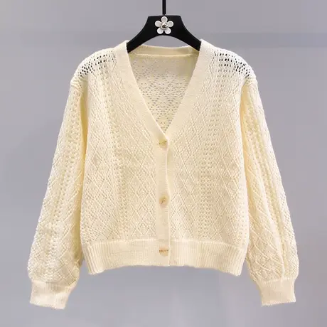 温柔风V领镂空毛衣外套女秋冬2023年新款设计感外搭薄款针织开衫商品大图