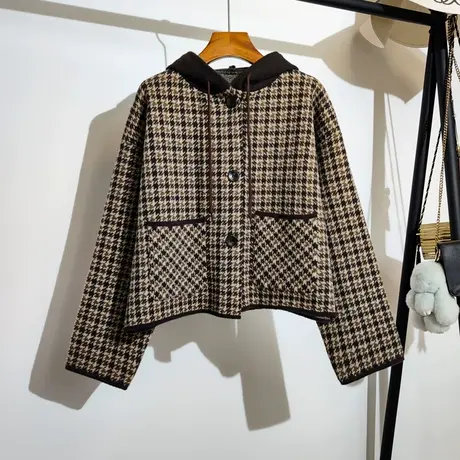 小香风连帽格子开衫外套女秋冬新款韩系宽松毛衣洋气长袖上衣加厚图片