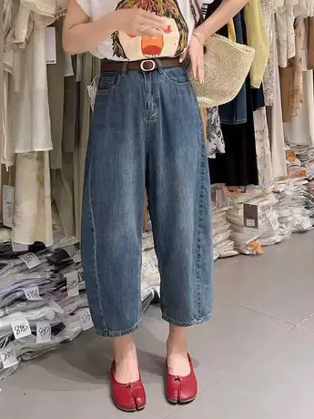 2023夏季新款深蓝哈伦牛仔裤高腰显瘦宽松九分裤小个子阔腿香蕉裤商品大图