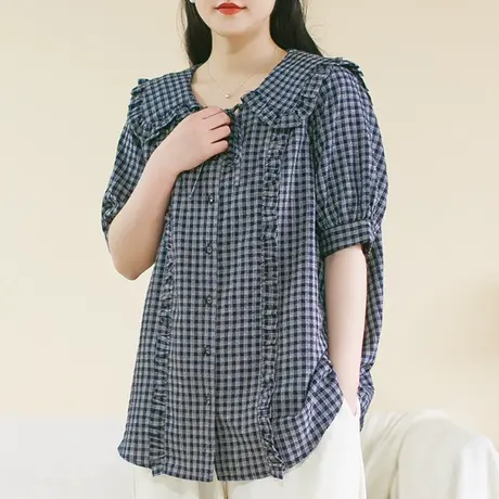 胖妹妹夏2023新品棉质木耳边大翻领短袖衬衫加大码设计感格子上衣商品大图