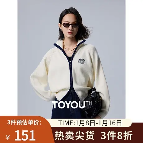 TOYOUTH初语半高领毛衣外套女2023秋新款复古开衫正肩拉链针织衫商品大图