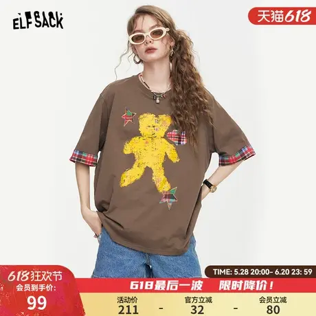 妖精的口袋格纹撞色小熊印花短袖t恤女2025年夏新款宽松休闲上衣商品大图