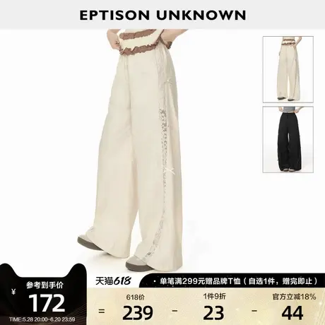 EPTISON休闲裤女2025夏季新款直筒蕾丝拼接少女蝴蝶结黑色工装裤图片