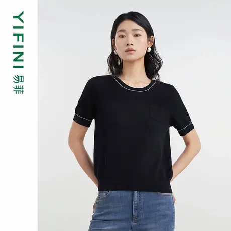 [专柜同款]Yifini/易菲经典圆领高捻棉宽松凉感短款针织毛衫上衣商品大图