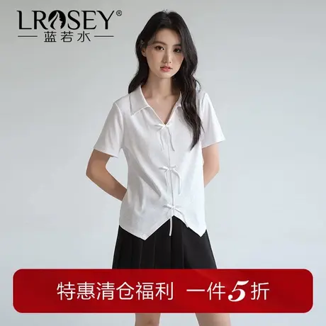 【系带高弹螺纹棉T恤】蓝若水大码2025夏新品Polo领修身辣妹上衣商品大图