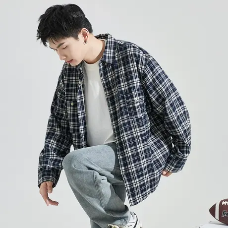 唐狮春秋季新款长袖格子衬衫男复古日系黑白格纹休闲男士衬衣外套图片