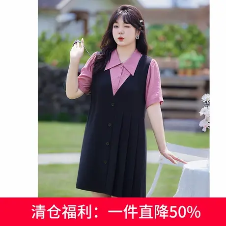 2024年夏装新款气质大码胖MM百褶连衣裙拼接假两件宽松显瘦直筒裙商品大图