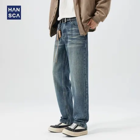 hansca美式宽松阔腿牛仔裤男2024年秋季新款复古马骝磨白水洗长裤商品大图