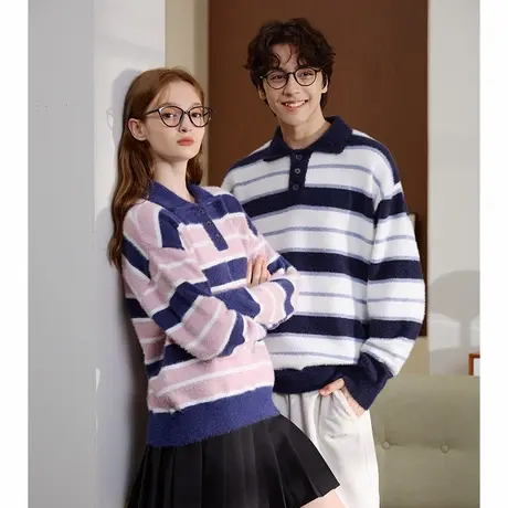 唐狮条纹半开胸毛衣秋季新款情侣男百塔休闲Polo翻领软糯毛衫图片